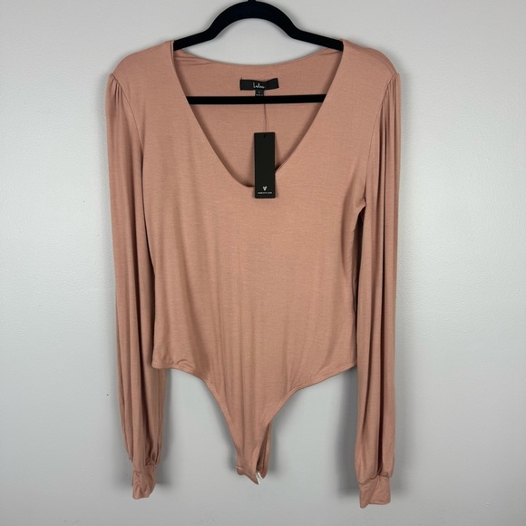 Lulu's Tan Asymmetrical Long Sleeve Bodysuit NWT - Picture 2 of 12